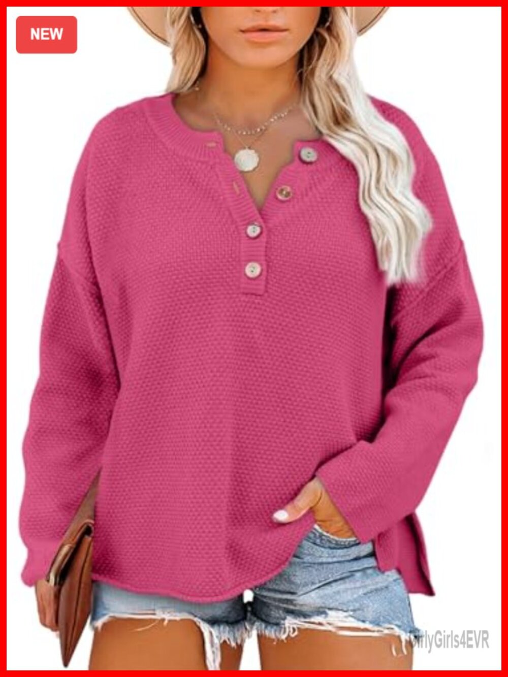 Plus Size Henley Sweater Acrylic Cotton Knit Pullover Loose Fit